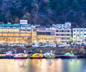Lake Kawaguchiko and city at Twilight times